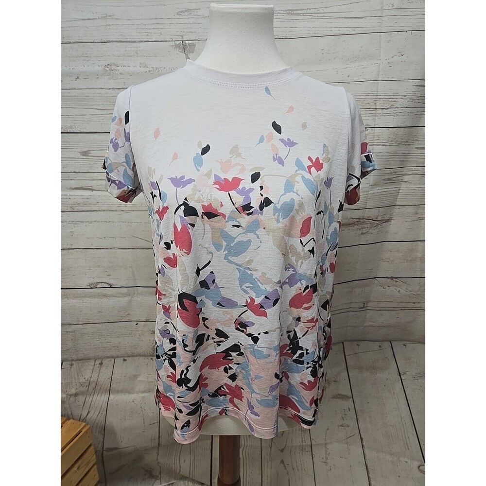 Donna Karan Floral Blouse Women's Medium Black Label‎ Sheer Short Sleeves Poly